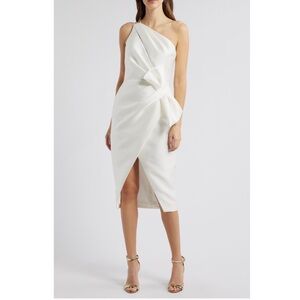 Amsale One Shoulder Bow Detail Cocktail Sheath Midi Dress
